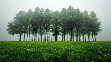 Wall Mural - A serene forest of tall green trees stands shrouded in a soft mist, creating a tranquil atmosphere. The lush grass enhances the peaceful setting.