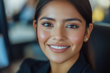 Poster - A smiling young woman in a professional setting, possibly an office or meeting room, dressed in business attire including a blazer and jewelry.