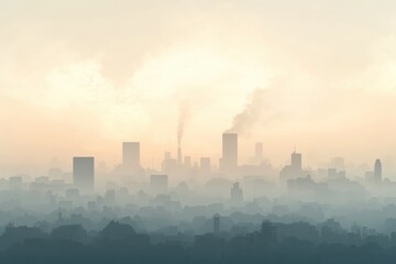 Poster - City skyline obscured by dense smog with industrial chimneys releasing thick smoke in the early morning light. Generative AI