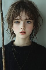 Wall Mural - Young person with tousled hair poses against a neutral background holding a stick