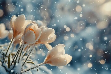 Wall Mural - Delicate white crocuses blooming in snowy weather