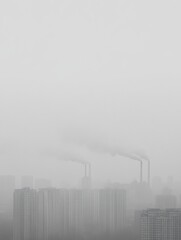Poster - City skyline shrouded in dense smog with industrial chimneys emitting thick smoke in an urban environment. Generative AI
