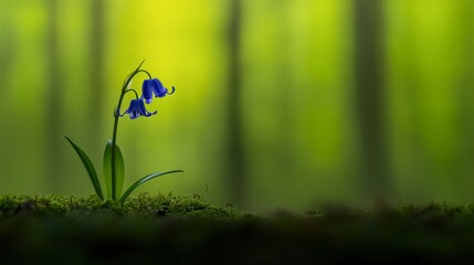 Canvas Print - A delicate blue flower stands alone amidst a blurred green forest background, symbolizing tranquility and beauty, Ideal for nature-related projects, marketing materials, or serene imagery needs,