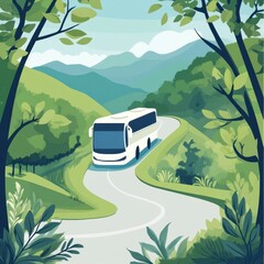 Aufkleber - Tour bus travels along a winding road surrounded by lush greenery in a scenic mountain area. Generative AI