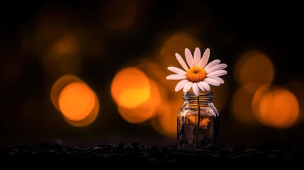 Canvas Print - A single daisy stands elegantly in a glass jar against a blurred warm background, creating a cozy atmosphere, This image is ideal for themes like tranquility, nature, home decor