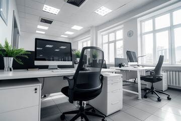 Poster - Modern white office interior with computers and black chairs, featuring large windows and potted plants, creating bright and professional atmosphere