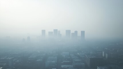 Poster - City skyline obscured by smog with industrial chimneys emitting thick smoke during hazy morning hours. Generative AI