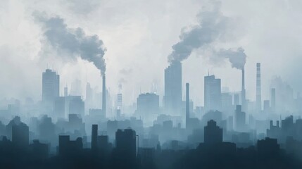 Poster - Dense smog blankets city skyline with industrial chimneys releasing thick smoke during overcast day. Generative AI