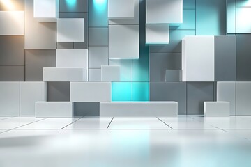 Poster - Abstract 3D geometric background with white cubes and blue light