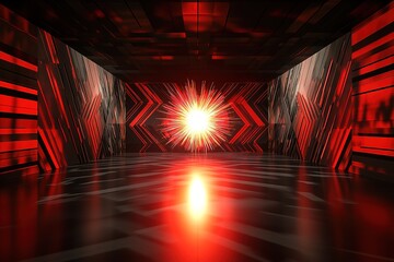 Poster - Red virtual tunnel with bright light at center, futuristic design