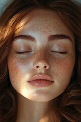 Wall Mural - Beautiful young woman with freckles and closed eyes relaxing at home during sunlight