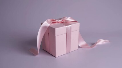 Poster - Pink gift box with satin ribbon bow rotating slowly on a minimal white background, perfect for celebrations, holidays, and special occasions
