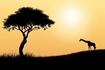 Fototapete - Giraffe silhouettes against a vibrant sunset sky near an acacia tree in the African savanna landscape. Generative AI