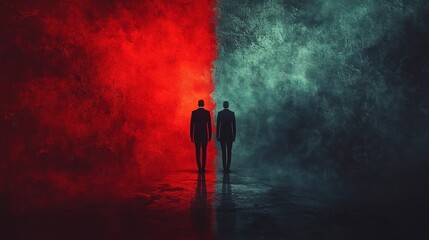 Sticker - Two men walking in a dark, red and blue room