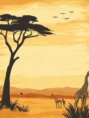 Poster - Savanna landscape featuring a lone acacia tree and distant giraffes under a vibrant sunset sky. Generative AI