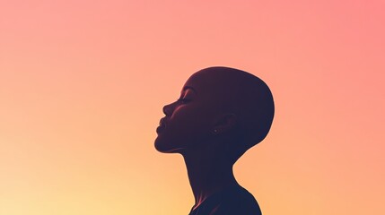 Fototapete - Silhouette of a person with bald patches against a vibrant sunset sky at dusk. Generative AI