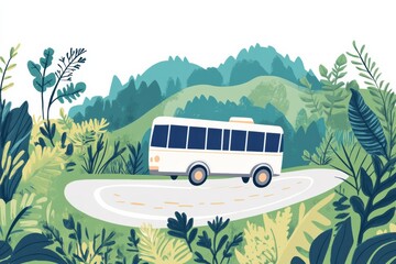 Poster - Explore stunning landscapes on a tour bus traveling along a winding road through lush greenery and hills. Generative AI