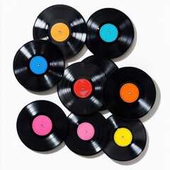 Wall Mural - Vinyl Records Collection Featuring Various Colors and Paper Labels Isolated on Pure White Background