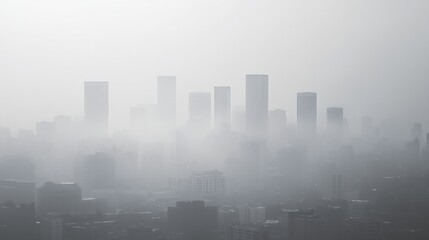 Poster - City skyline shrouded in heavy smog with industrial emissions and limited visibility during daylight hours. Generative AI
