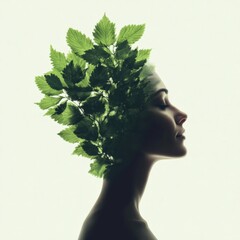 Wall Mural - woman with leaves in silhouette profile.