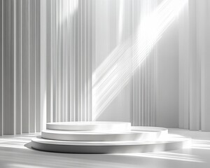 Poster - White podium surrounded by cascading light rays in a pure white room