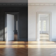 Leinwandbilder - Contrast of old dark interiors and bright modern design in a renovated room. Generative AI
