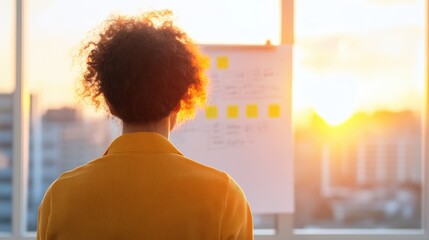 Sticker - Woman looking at strategy on whiteboard during sunrise.