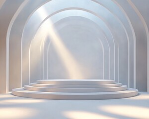 Fototapete - Abstract design of a white podium surrounded by soft white lighting, seamless background 