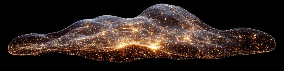 a glowing, nebula-like shape filled with stars and light particles against a black background. conce