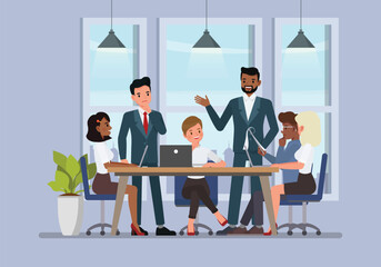 Group of diverse business professionals having a discussion in a conference room, with charts and laptops character vector illustration design.