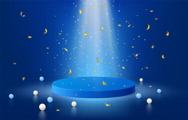 Poster - Blue background. 3d podium, product sale promotion with confetti in studio and spotlight, 2 two luxury displays, stand floor. Empty showcase for presentation. Realistic minimal vector template