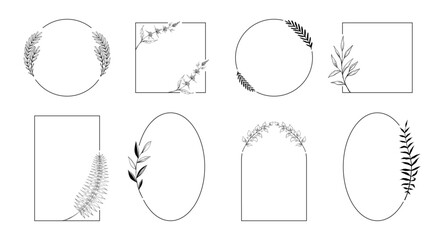 Aufkleber - Vintage botanical frame. Hand drawn line leaves and flowers. Retro elegant decor for cards, posters and wedding invitation. Minimalist floral geometric border. Vector isolated decorative set