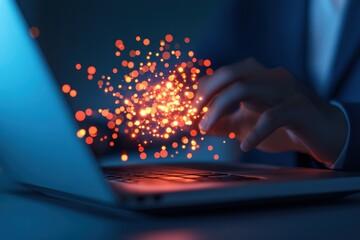 hand on laptop with glowing particles