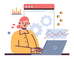 Aufkleber - Business infographic. Project diagrams presentation. Woman at laptop. Corporate management. Office call. Investment income infograph. Computer browser. Finance growth. Vector concept