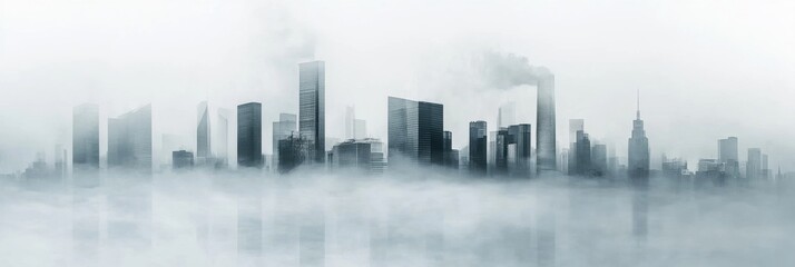 Poster - City skyline enveloped in heavy smog with industrial chimneys emitting thick smoke in urban setting. Generative AI