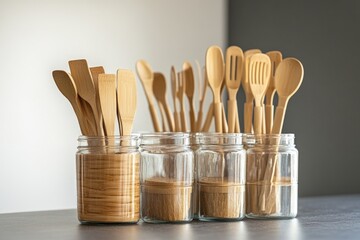 Poster - Collection of wooden kitchen utensils stored in a glass jar for display or storage