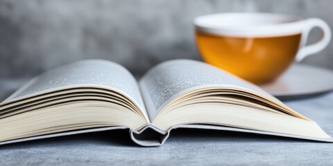 Aufkleber - An open book sits on a table next to a cup of tea, perfect for a cozy reading session