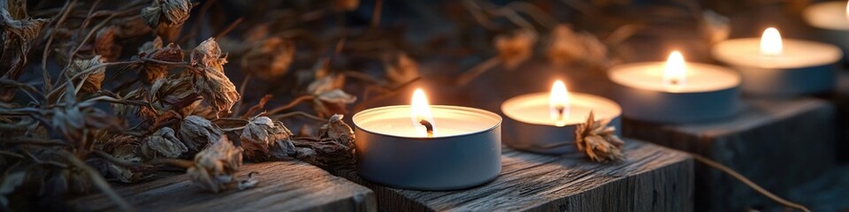 Aufkleber - A group of lit candles sitting on a wooden table, perfect for a cozy atmosphere or as a decorative centerpiece
