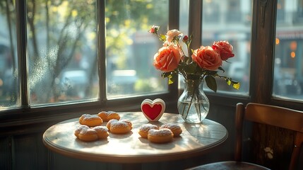 Wall Mural - A vintage-inspired caf?(C) setting with a table for two, a vase of roses, and heart-shaped pastries on the table. Soft light filters through the windows.