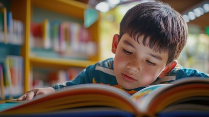 Aufkleber - Young boy sitting at table, reading book in quiet library setting