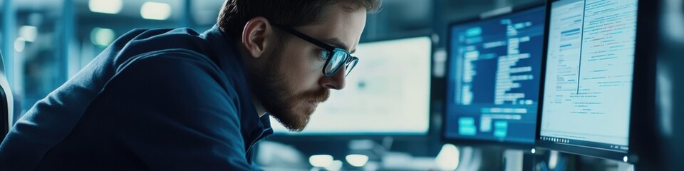 Poster - a person focusing on a computer screen with glasses on