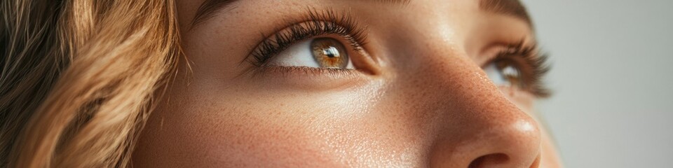 Poster - Close-up shot of a woman's eye featuring freckles, suitable for use in beauty or personal photography