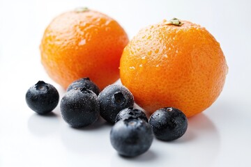 Poster - Fresh blueberries and orange on a clean white surface, great for food photography or still life compositions