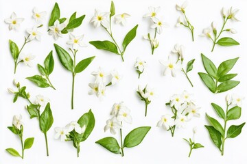 Poster - A collection of white flowers and leaves arranged on a white surface, great for decorating or design purposes