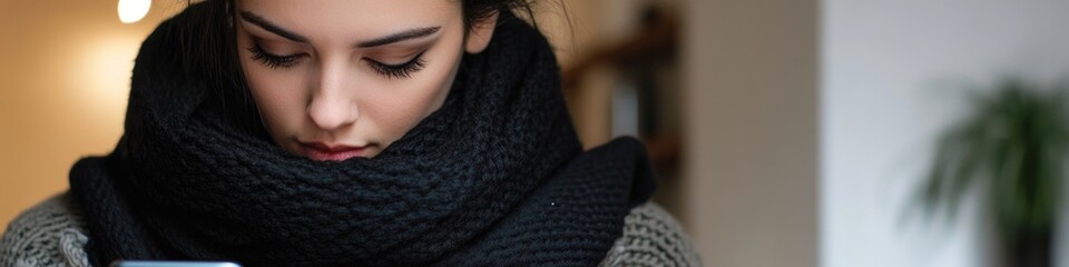 Poster - A woman wearing a scarf looks down at her cell phone, likely checking messages or notifications