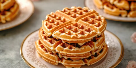 Poster - A stack of crispy waffles on a plate, ready for serving