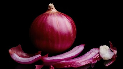 Poster - A single red onion surrounded by sliced onions on a table