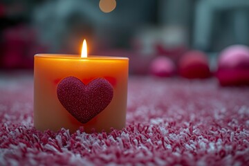 Wall Mural - A serene, soft-focus image of a heart-shaped candle glowing warmly in a cozy room filled with soft red and pink decorations, capturing the spirit of devotion.