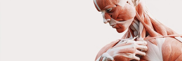 Poster - Detailed anatomical illustration displaying the human muscular system with distinct muscle fibers viewed from the side. Generative AI