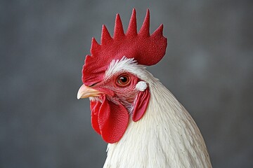 Poster - A close-up shot of a rooster's head on a gray background, ideal for use in agriculture or farm-themed designs